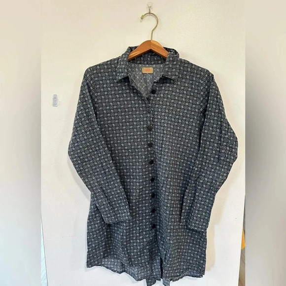 Tulip Clothing Tunic Button Down Small Blue Geometric Lagenlook Cotton Shirt - Picture 1 of 7